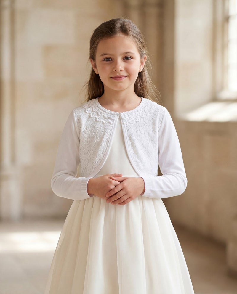 BOLEROSE Girls Long Sleeve Floral Lace Bolero Cardigan Kids Shrug Cover Up (White, 5-6 YRS) - Image 3